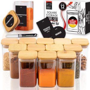 Deco Haus Set de 12 borcane cu capac - etanșe, lavabile în mașină, utilizabile în cuptorul cu microunde - Pentru prăjituri, paste, cereale, cafea – 10,7 cm înălțime, 6 cm diametru