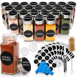 Set de 24 de borcane pentru condimente Deco Haus cu capace din oțel inoxidabil - etichete, pâlnie, perie, marker - se potrivește rafturilor pentru condimente cu 4 rafturi - borcane de depozitare și distribuire 120 ml, 10,5 x 4,3 cm