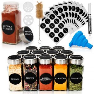 Set de 12 borcane de condimente Deco Haus cu capace din oțel inoxidabil - etichete, pâlnie, perie, marker - se potrivește cu rafturi de condimente cu 4 rafturi - borcane de depozitare și distribuire 120 ml, 10,5 x 4,3 cm