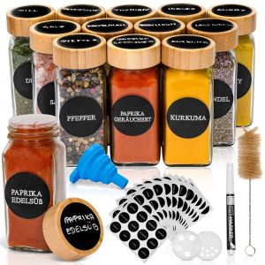 Set de 12 borcane de condimente Deco Haus cu capace din bambus - etichete, pâlnie, pensulă, marker - se potrivește rafturilor de condimente cu 4 rafturi - borcane de depozitare și distribuire 120 ml, 10,5 x 4,3 cm