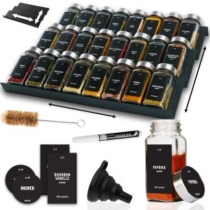 Deco Haus Organizator de sertare din metal negru cu borcane de condimente - organizator de sertare pe 3 niveluri - organizator de bucătărie, organizator de sertare cu 24 de borcane de condimente, 280 de etichete pentru condimente, perie și pâlnie